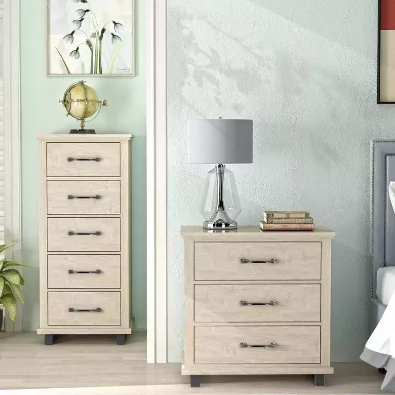 Set Festivo 2 pezzi con comò contemporaneo a 5 cassetti e comodino a 3 cassetti