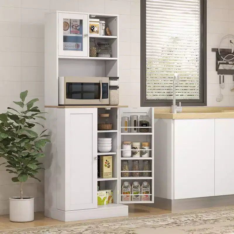 Mobile Dispensa HOMCOM da 66,5 con Supporto per Microonde, Mobile Contenitore da Cucina Autoportante con Vetrina e Ripiani Regolabili, Bianco