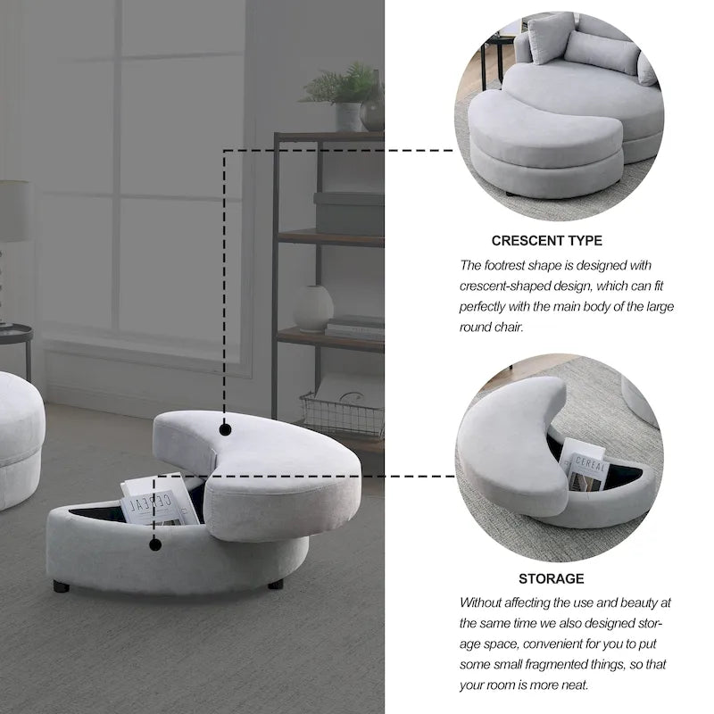 Poltrona a botte moderna girevole color grigio con pouf contenitore grande e rotondo