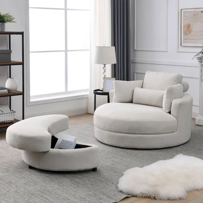 Poltrona a botte moderna girevole color grigio con pouf contenitore grande e rotondo