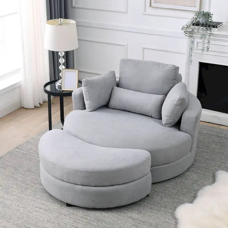 Poltrona a botte moderna girevole color grigio con pouf contenitore grande e rotondo