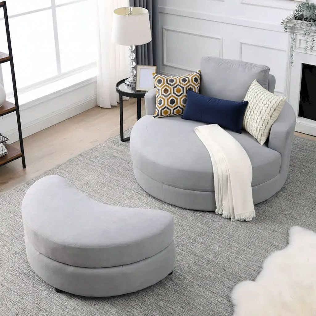 Poltrona a botte moderna girevole color grigio con pouf contenitore grande e rotondo