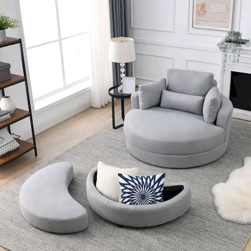Poltrona a botte moderna girevole color grigio con pouf contenitore grande e rotondo