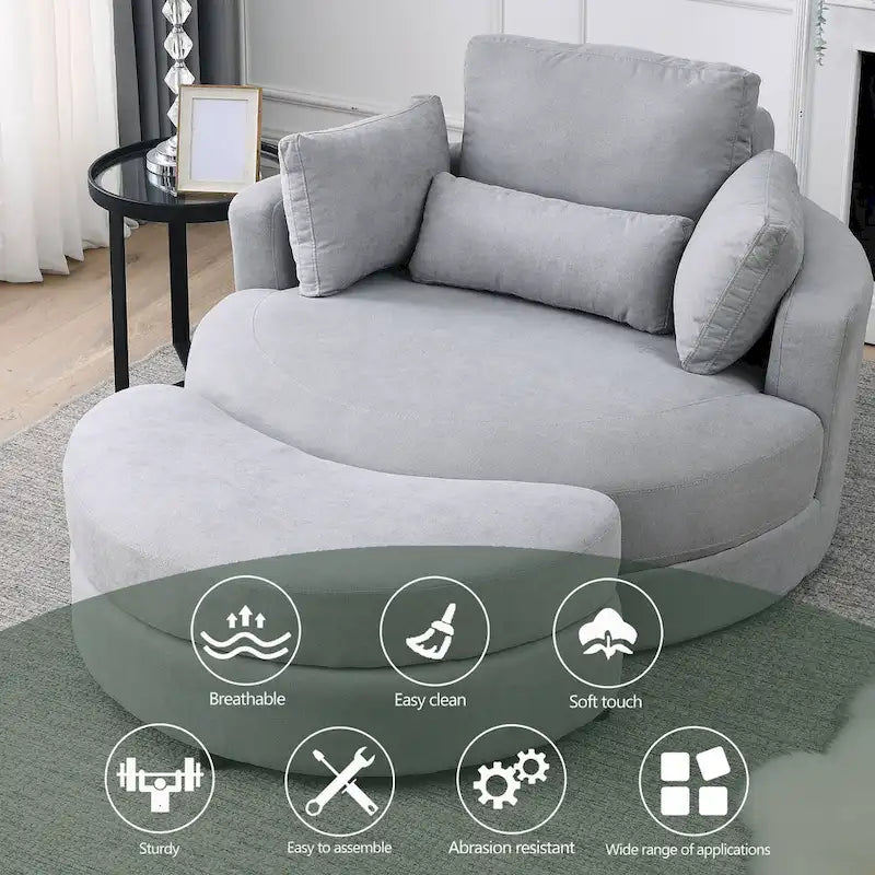 Poltrona a botte moderna girevole color grigio con pouf contenitore grande e rotondo