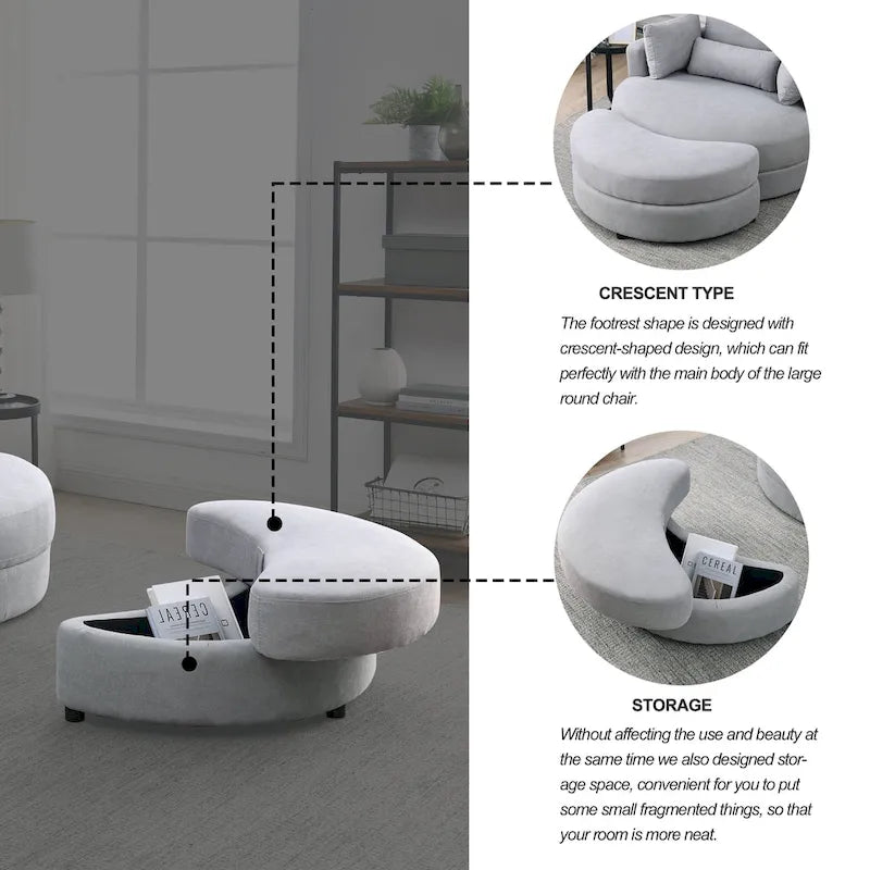 Poltrona a botte moderna girevole color grigio con pouf contenitore grande e rotondo