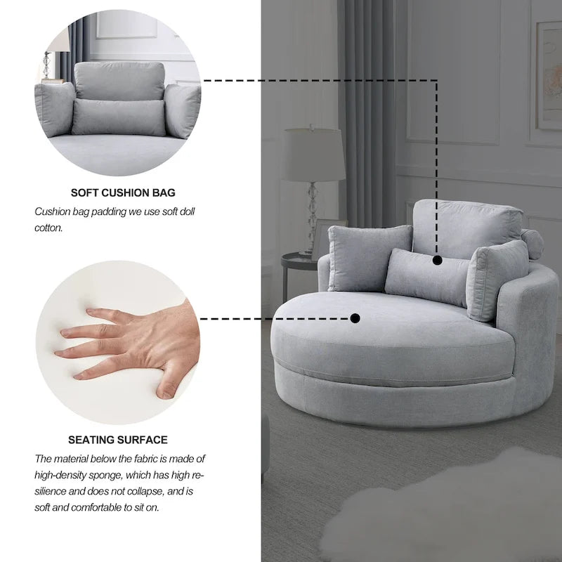 Poltrona a botte moderna girevole color grigio con pouf contenitore grande e rotondo