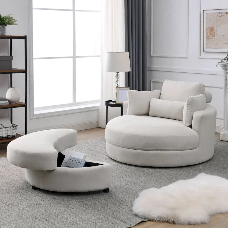 Poltrona a botte moderna girevole color grigio con pouf contenitore grande e rotondo