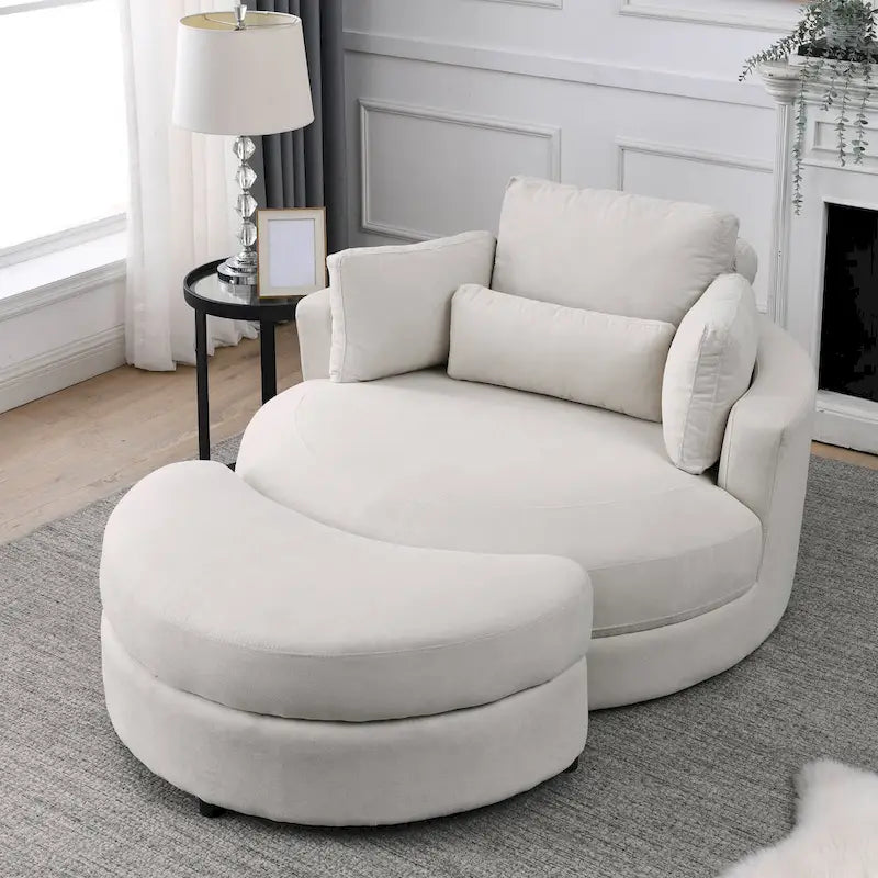 Poltrona a botte moderna girevole color grigio con pouf contenitore grande e rotondo