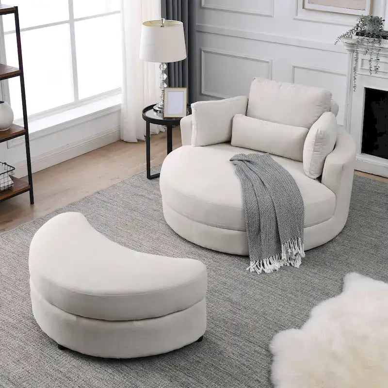 Poltrona a botte moderna girevole color grigio con pouf contenitore grande e rotondo