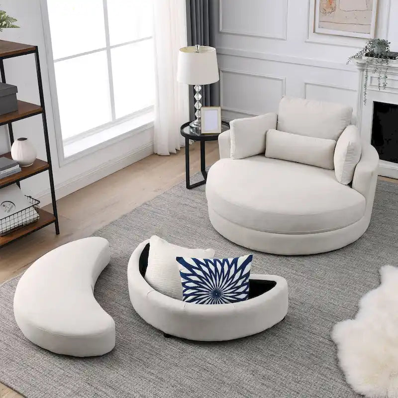 Poltrona a botte moderna girevole color grigio con pouf contenitore grande e rotondo
