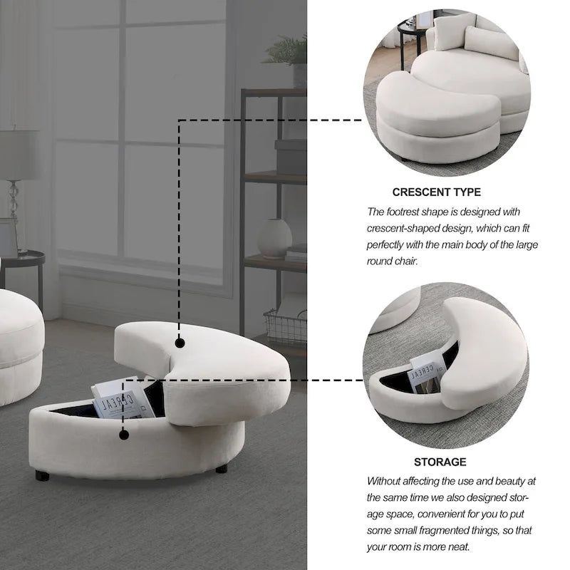 Poltrona a botte moderna girevole color grigio con pouf contenitore grande e rotondo