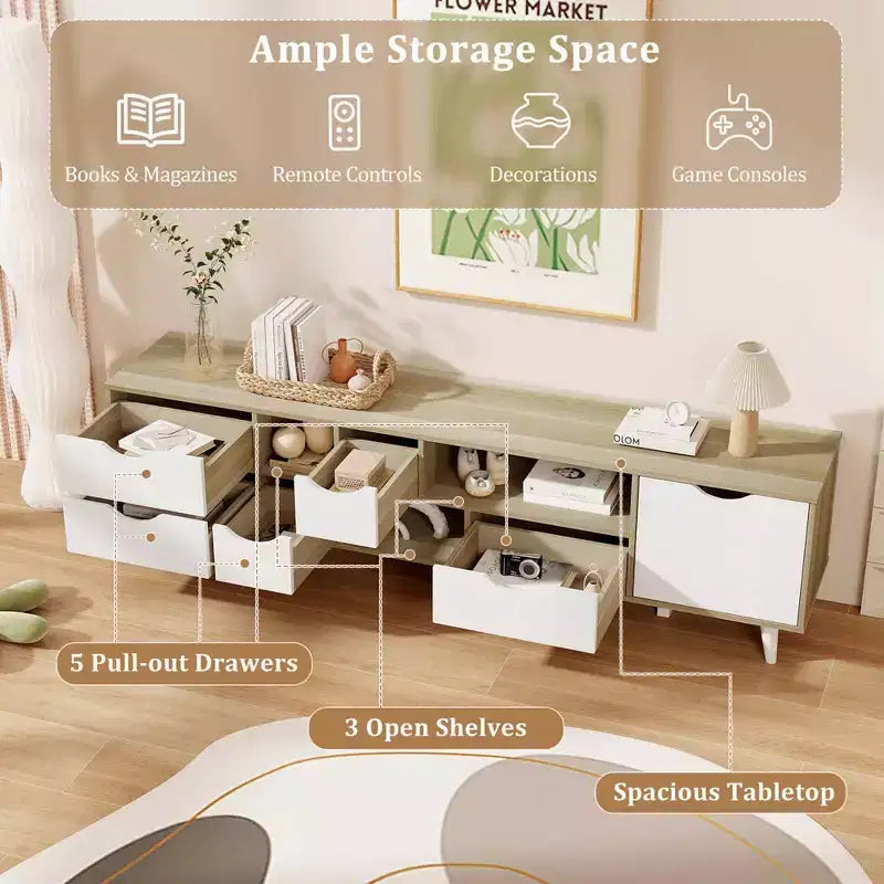 Mobile porta TV Costway per televisori fino a 65 pollici con 5 cassetti e 3 ripiani aperti per la camera da letto