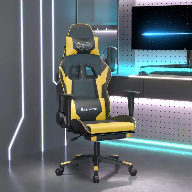 vidaXL Sedia da Gaming Massaggiante Nera e Oro in Similpelle con Poggiapiedi, Schienale Regolabile e Design Girevole, Comfort Robusto ed Elegante per i Gamer