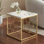 Studio 55D Karin Tavolino da Divano Moderno Glam Quadrato Accento, 43 cm di Larghezza, Oro con Piano in Finto Marmo Bianco per Soggiorno Camera da Letto Comodino