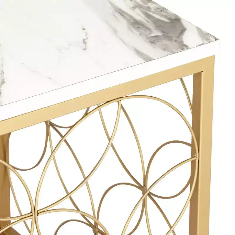 Studio 55D Karin Tavolino da Divano Moderno Glam Quadrato Accento, 43 cm di Larghezza, Oro con Piano in Finto Marmo Bianco per Soggiorno Camera da Letto Comodino