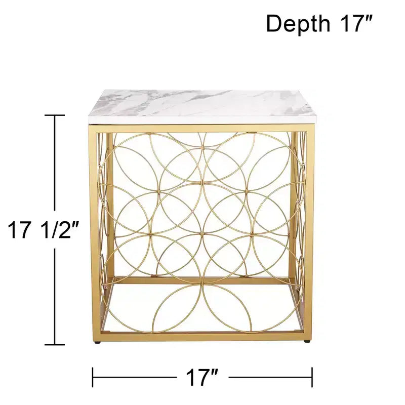 Studio 55D Karin Tavolino da Divano Moderno Glam Quadrato Accento, 43 cm di Larghezza, Oro con Piano in Finto Marmo Bianco per Soggiorno Camera da Letto Comodino