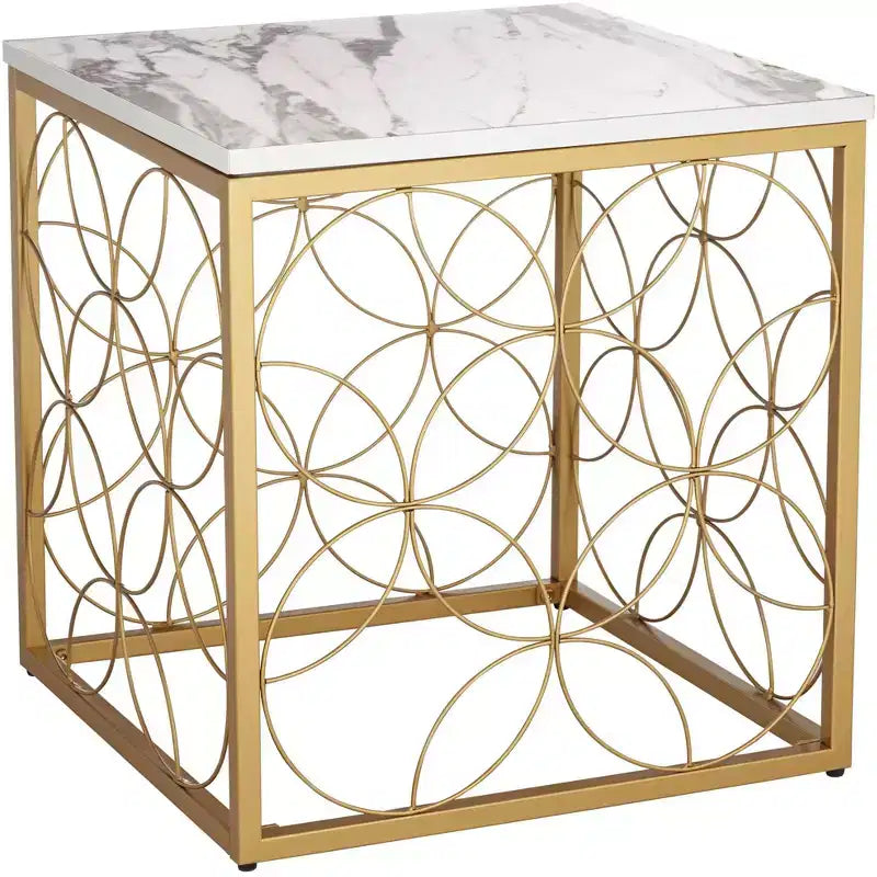 Studio 55D Karin Tavolino da Divano Moderno Glam Quadrato Accento, 43 cm di Larghezza, Oro con Piano in Finto Marmo Bianco per Soggiorno Camera da Letto Comodino