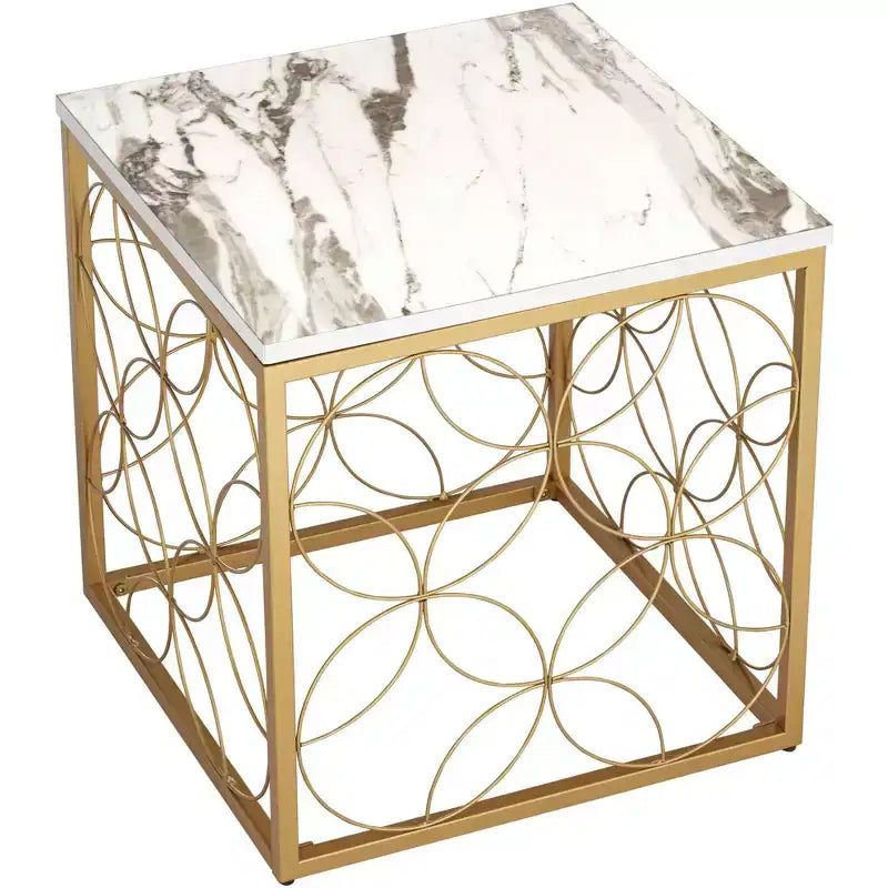 Studio 55D Karin Tavolino da Divano Moderno Glam Quadrato Accento, 43 cm di Larghezza, Oro con Piano in Finto Marmo Bianco per Soggiorno Camera da Letto Comodino