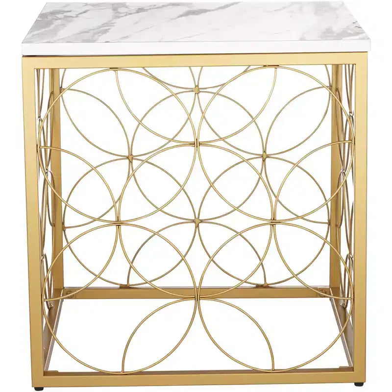 Studio 55D Karin Tavolino da Divano Moderno Glam Quadrato Accento, 43 cm di Larghezza, Oro con Piano in Finto Marmo Bianco per Soggiorno Camera da Letto Comodino