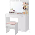 VASAGLE Toeletta con Specchio e Luci, Mobile Trucco Largo 110 cm con Sgabello Imbottito, Luci LED Dimmerabili, Bianco Nuvola