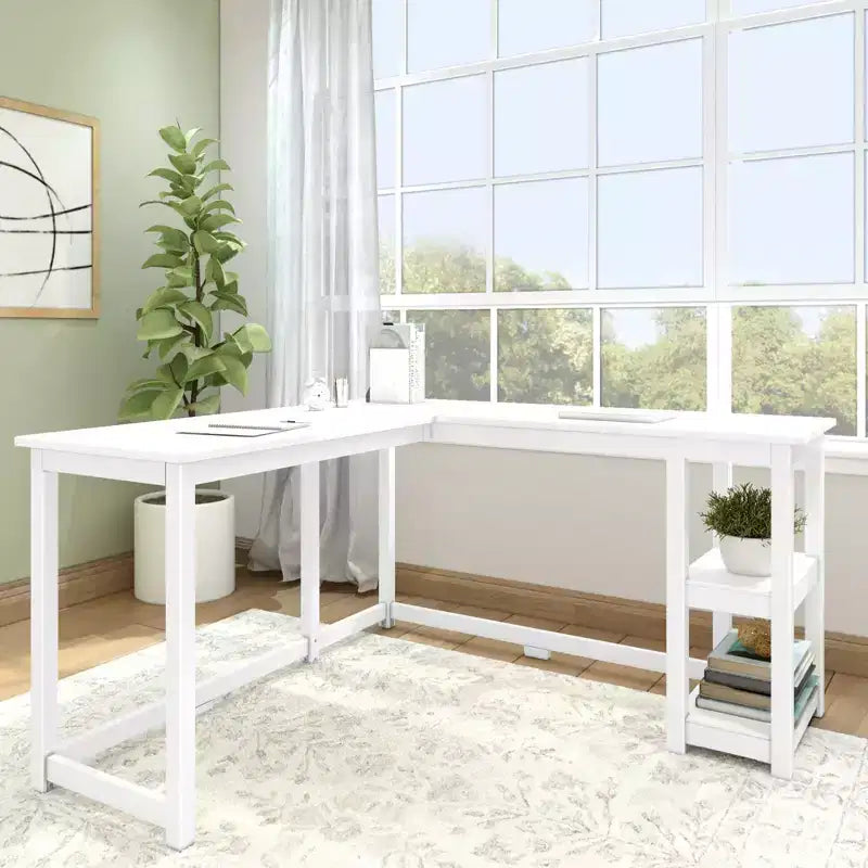 Plank+Beam Solid Wood Corner Desk for Home Office, Gaming, Computer with Storage Shelves