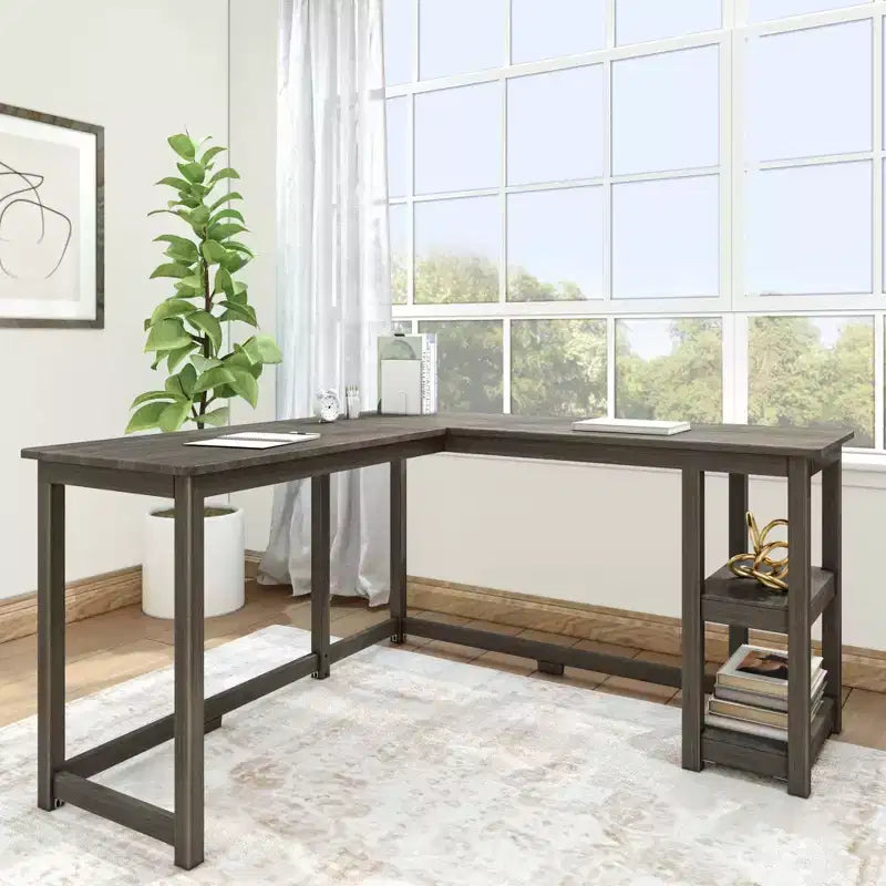 Scrivania ad angolo in legno massello Plank+Beam per ufficio, gaming, computer con mensole portaoggetti