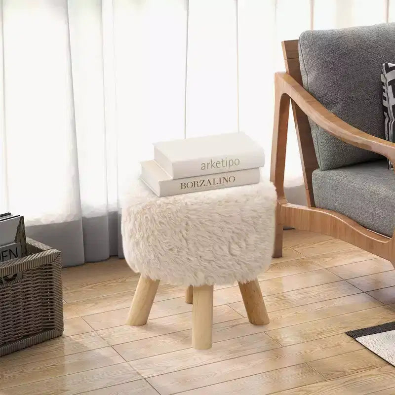 Costway Pouf Rotondo Poggiapiedi Ottomano in Pelliccia Sintetica con Seduta Imbottita Bianco