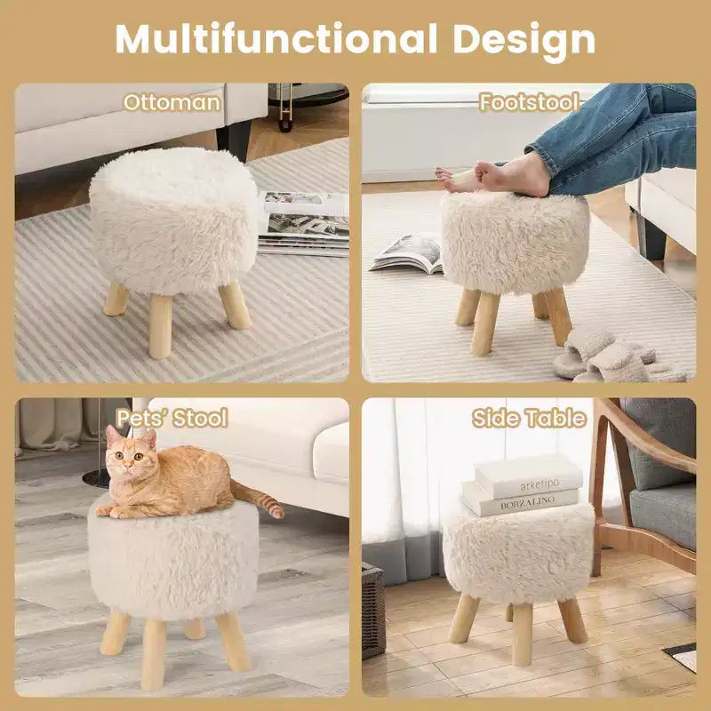 Costway Pouf Rotondo Poggiapiedi Ottomano in Pelliccia Sintetica con Seduta Imbottita Bianco