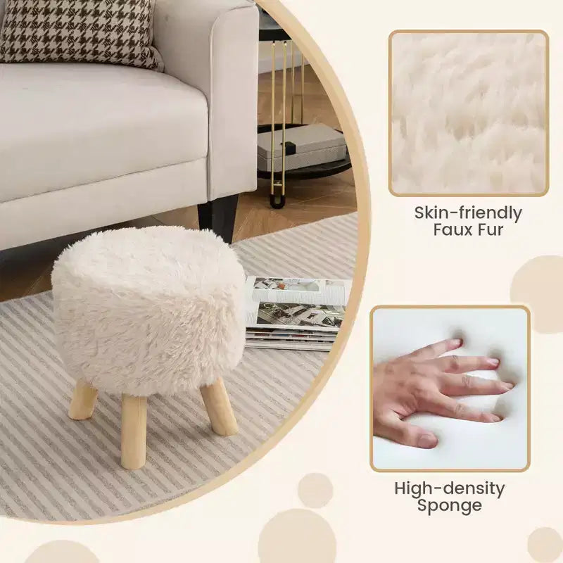 Costway Pouf Rotondo Poggiapiedi Ottomano in Pelliccia Sintetica con Seduta Imbottita Bianco