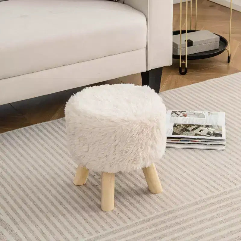 Costway Pouf Rotondo Poggiapiedi Ottomano in Pelliccia Sintetica con Seduta Imbottita Bianco