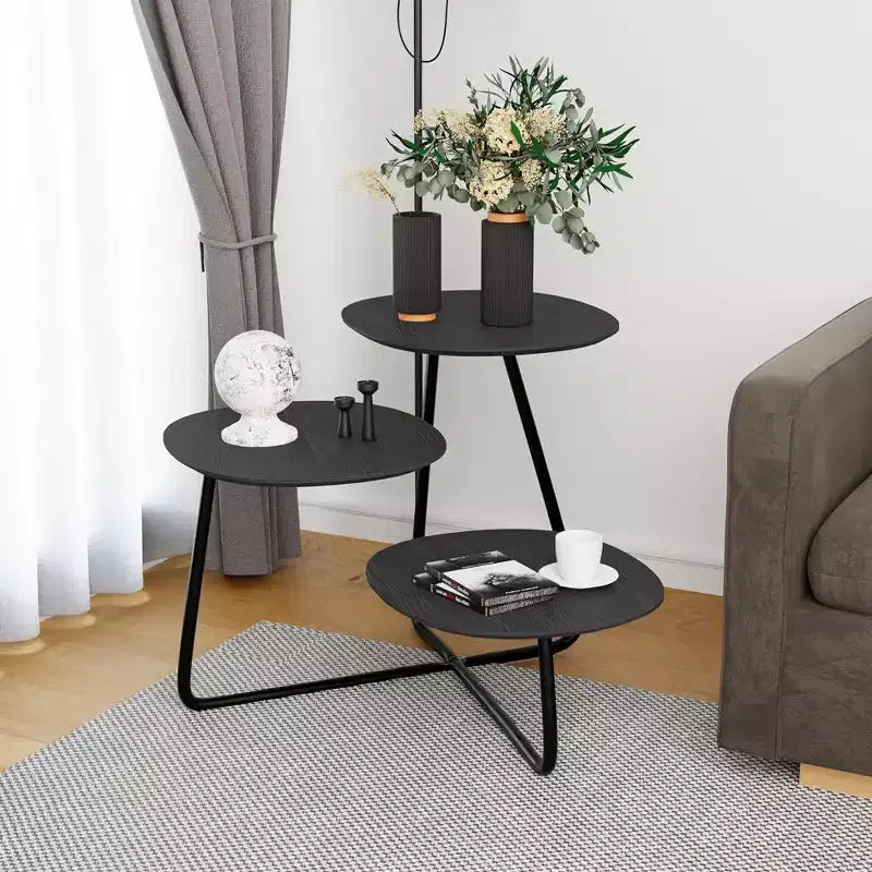 LeisureMod Tavolino da caffè a 3 livelli, venatura del legno bianco e metallo nero