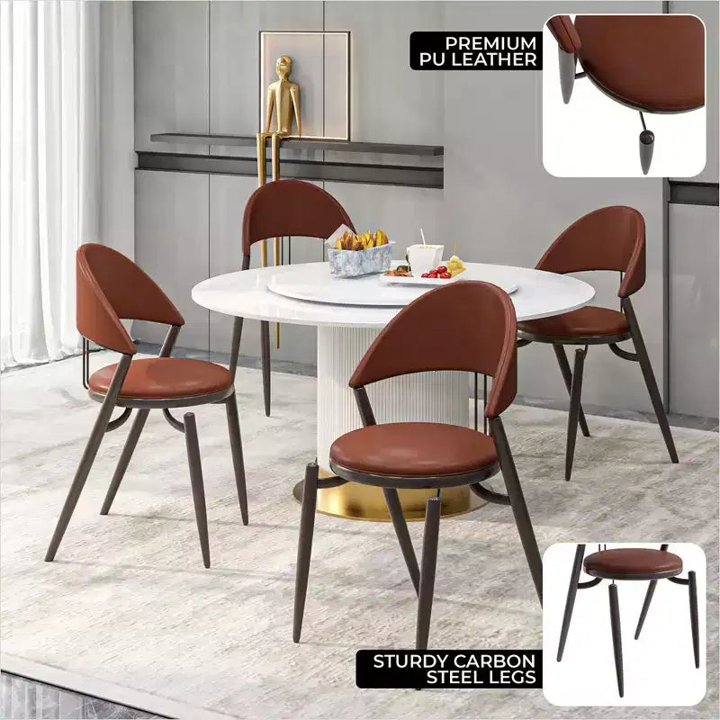 LeisureMod Venice Sedia da pranzo moderna in pelle, sedia laterale con schienale aperto imbottita, gambe in metallo, perfetta per sala da pranzo di metà secolo, nessun montaggio