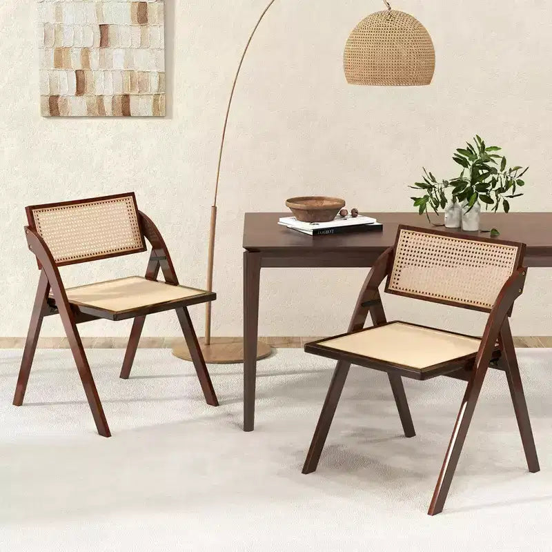 Costway Sedie Pieghevoli da Pranzo Set da 2/4 con Schienale e Seduta in Rattan Intrecciato Struttura in Legno di Gomma Marrone