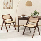 Costway Sedie Pieghevoli da Pranzo Set da 2/4 con Schienale e Seduta in Rattan Intrecciato Struttura in Legno di Gomma Marrone