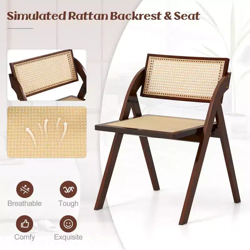 Costway Sedie Pieghevoli da Pranzo Set da 2/4 con Schienale e Seduta in Rattan Intrecciato Struttura in Legno di Gomma Marrone