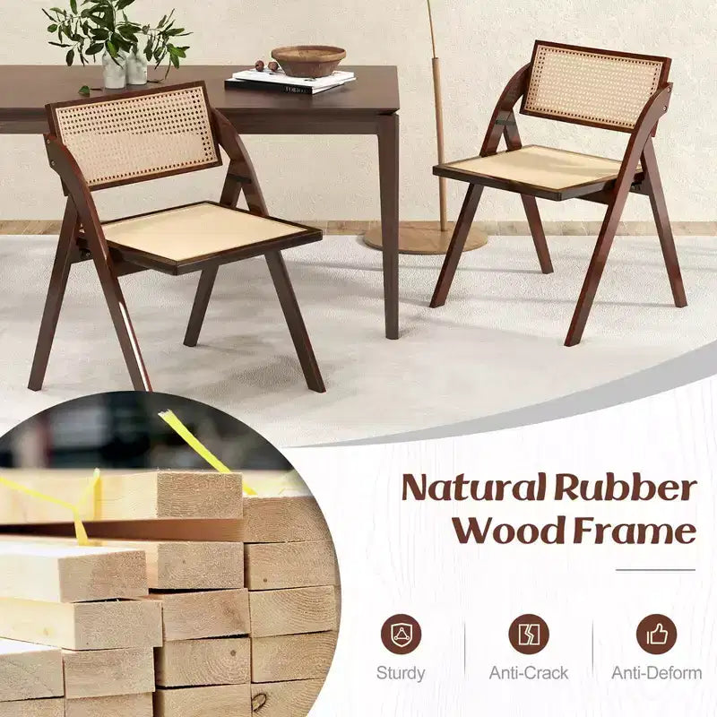 Costway Sedie Pieghevoli da Pranzo Set da 2/4 con Schienale e Seduta in Rattan Intrecciato Struttura in Legno di Gomma Marrone