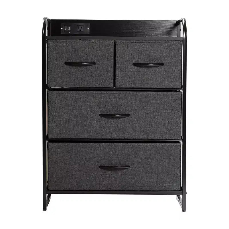 Comodino Emma e Oliver con 4 Cassetti in Tessuto, Stazione di Ricarica con 2 Porte USB/Presa di Corrente, Piano in Legno Ingegnerizzato, Maniglie in Legno, Struttura in Metallo