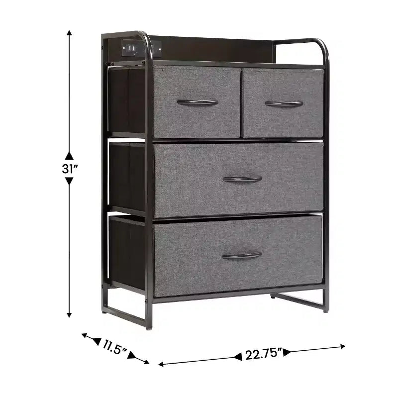 Comodino Emma e Oliver con 4 Cassetti in Tessuto, Stazione di Ricarica con 2 Porte USB/Presa di Corrente, Piano in Legno Ingegnerizzato, Maniglie in Legno, Struttura in Metallo