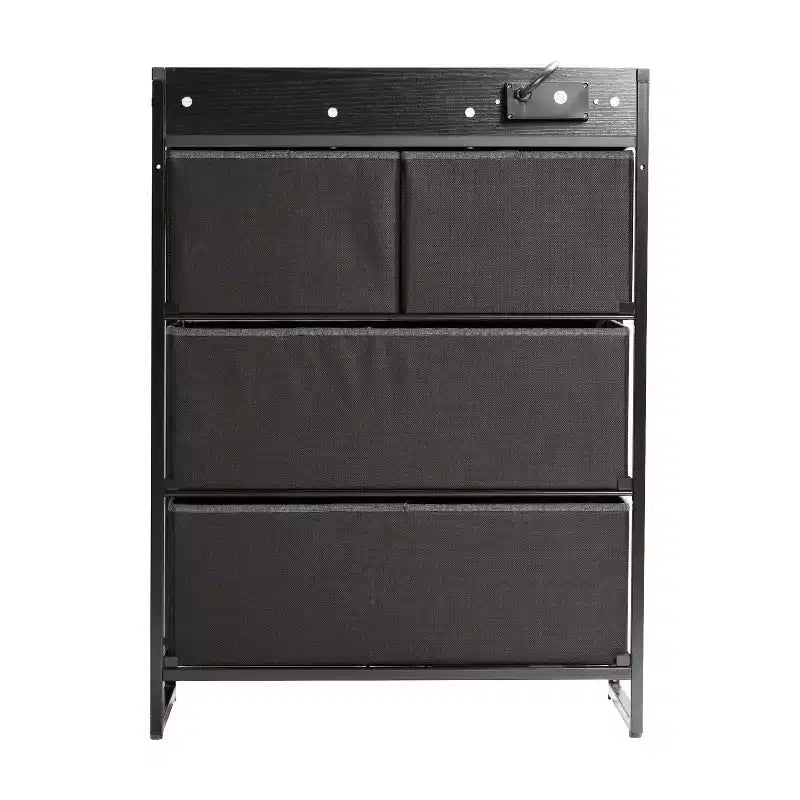 Comodino Emma e Oliver con 4 Cassetti in Tessuto, Stazione di Ricarica con 2 Porte USB/Presa di Corrente, Piano in Legno Ingegnerizzato, Maniglie in Legno, Struttura in Metallo
