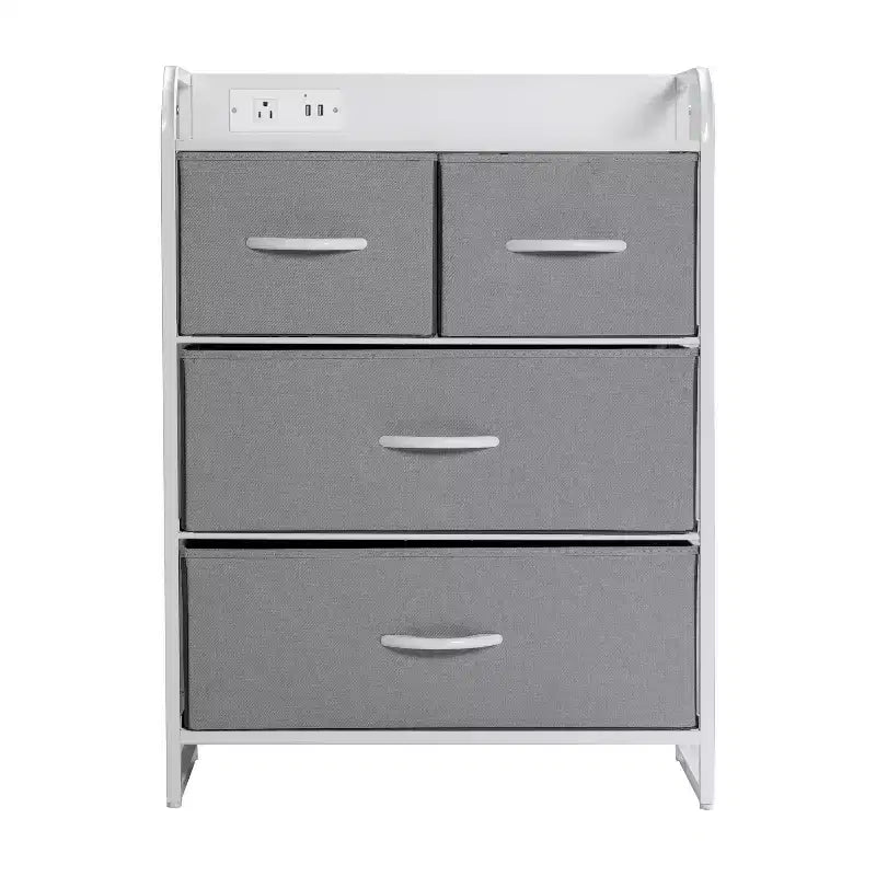 Comodino Emma e Oliver con 4 Cassetti in Tessuto, Stazione di Ricarica con 2 Porte USB/Presa di Corrente, Piano in Legno Ingegnerizzato, Maniglie in Legno, Struttura in Metallo