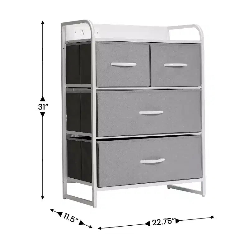 Comodino Emma e Oliver con 4 Cassetti in Tessuto, Stazione di Ricarica con 2 Porte USB/Presa di Corrente, Piano in Legno Ingegnerizzato, Maniglie in Legno, Struttura in Metallo