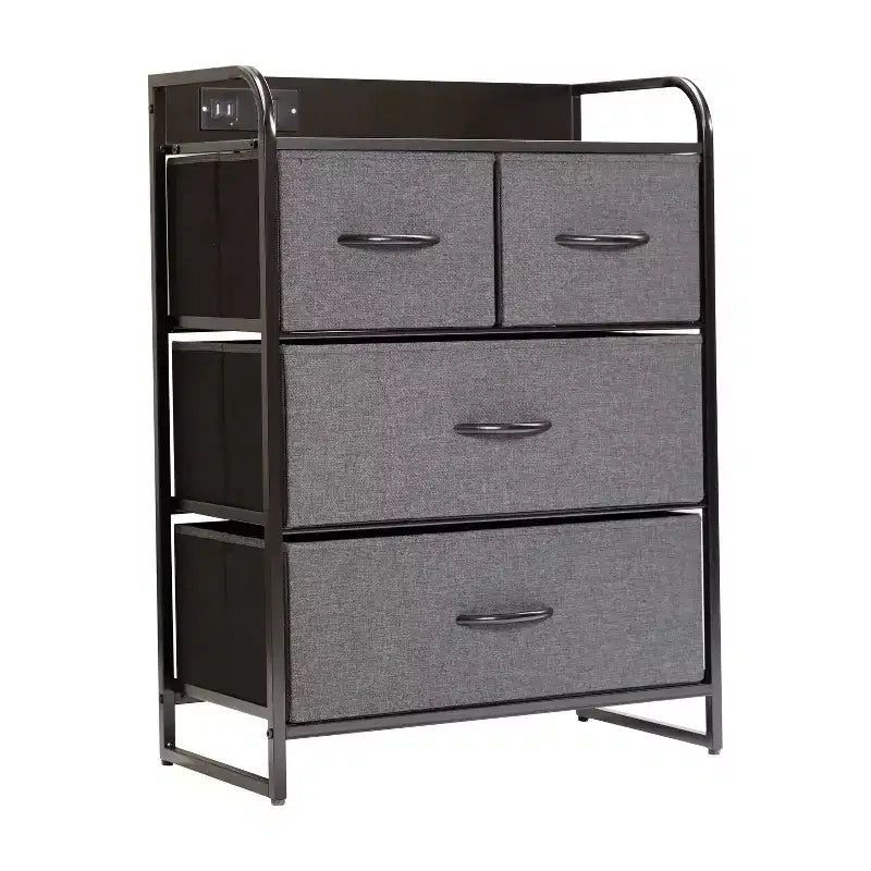 Comodino Emma e Oliver con 4 Cassetti in Tessuto, Stazione di Ricarica con 2 Porte USB/Presa di Corrente, Piano in Legno Ingegnerizzato, Maniglie in Legno, Struttura in Metallo