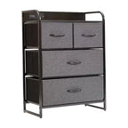 Comodino Emma e Oliver con 4 Cassetti in Tessuto, Stazione di Ricarica con 2 Porte USB/Presa di Corrente, Piano in Legno Ingegnerizzato, Maniglie in Legno, Struttura in Metallo