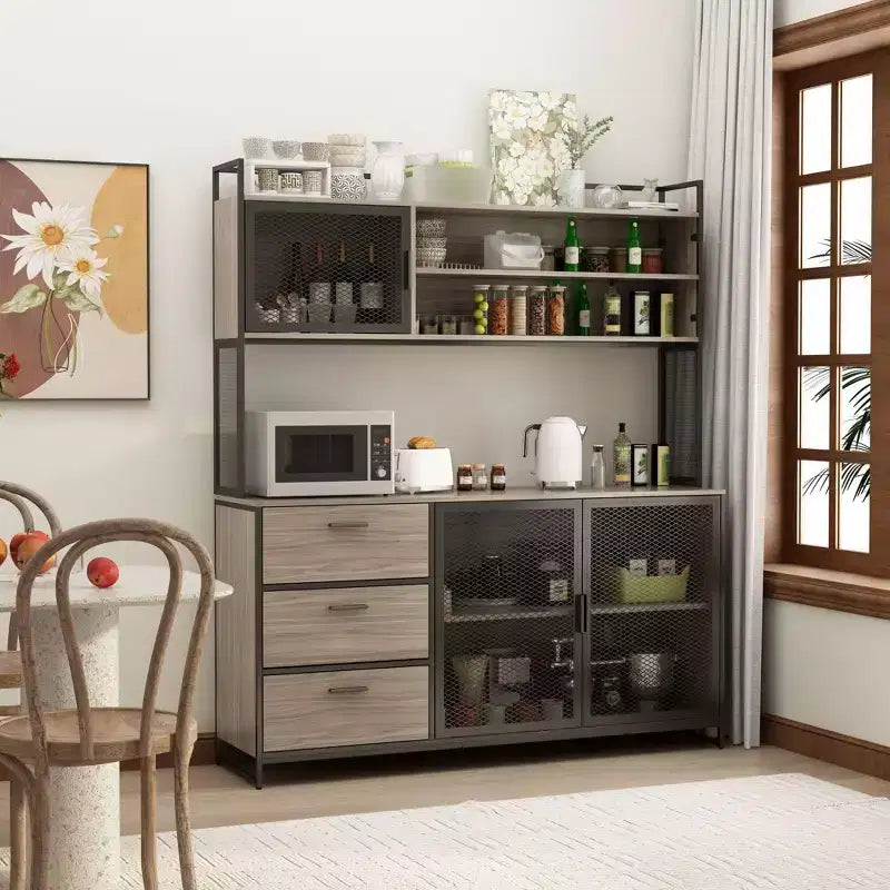 Madia da cucina in legno Famapy da 150 cm con ante in metallo, 3 cassetti e ripiani, per sala da pranzo