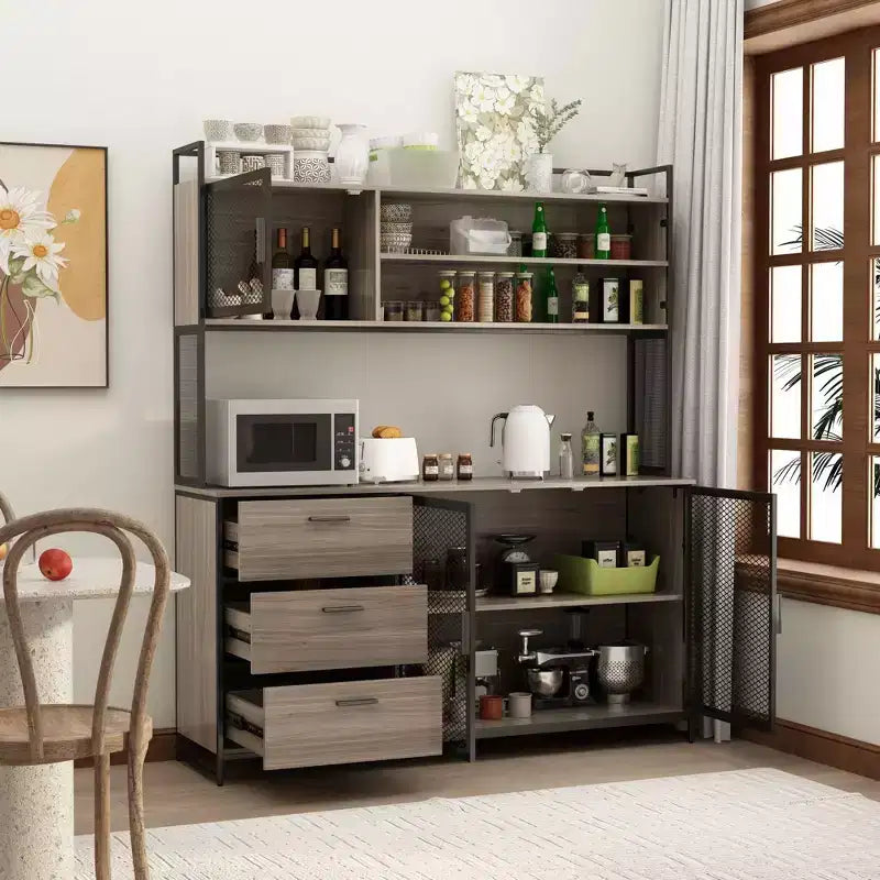 Madia da cucina in legno Famapy da 150 cm con ante in metallo, 3 cassetti e ripiani, per sala da pranzo