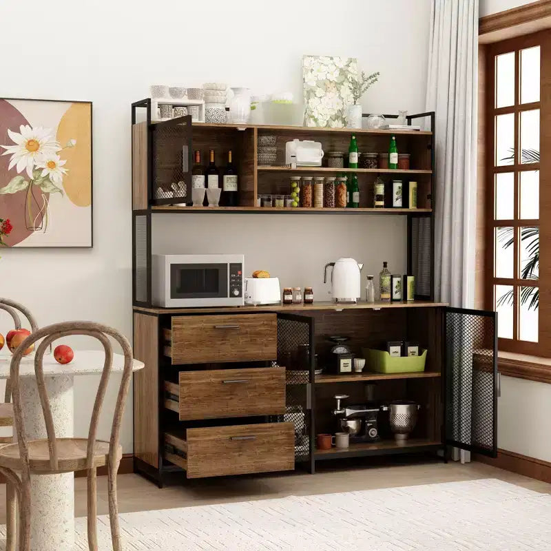 Madia da cucina in legno Famapy da 150 cm con ante in metallo, 3 cassetti e ripiani, per sala da pranzo