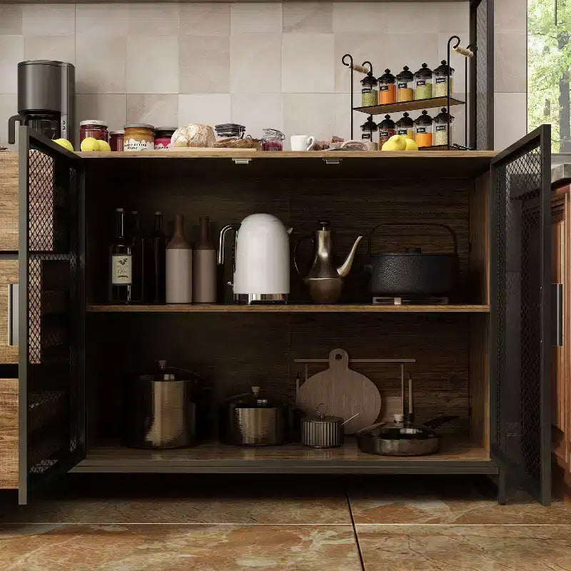 Madia da cucina in legno Famapy da 150 cm con ante in metallo, 3 cassetti e ripiani, per sala da pranzo
