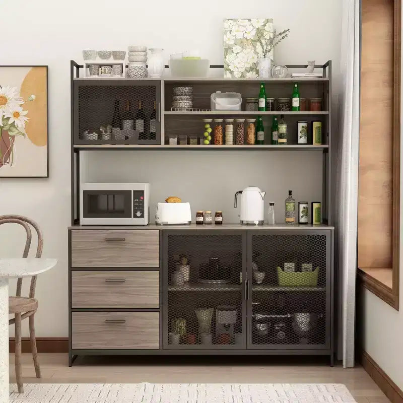 Madia da cucina in legno Famapy da 150 cm con ante in metallo, 3 cassetti e ripiani, per sala da pranzo