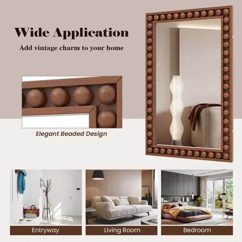 Costway Specchio da parete decorativo rustico 24 x 36 con cornice in legno massello con perline per soggiorno, marrone/bianco