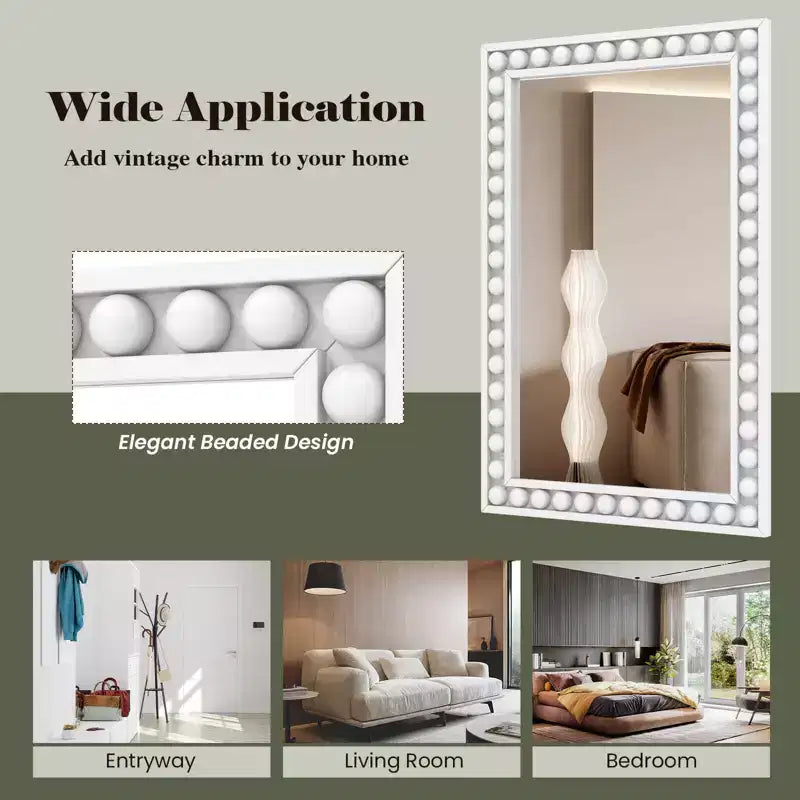 Costway Specchio da parete decorativo rustico 24 x 36 con cornice in legno massello con perline per soggiorno, marrone/bianco